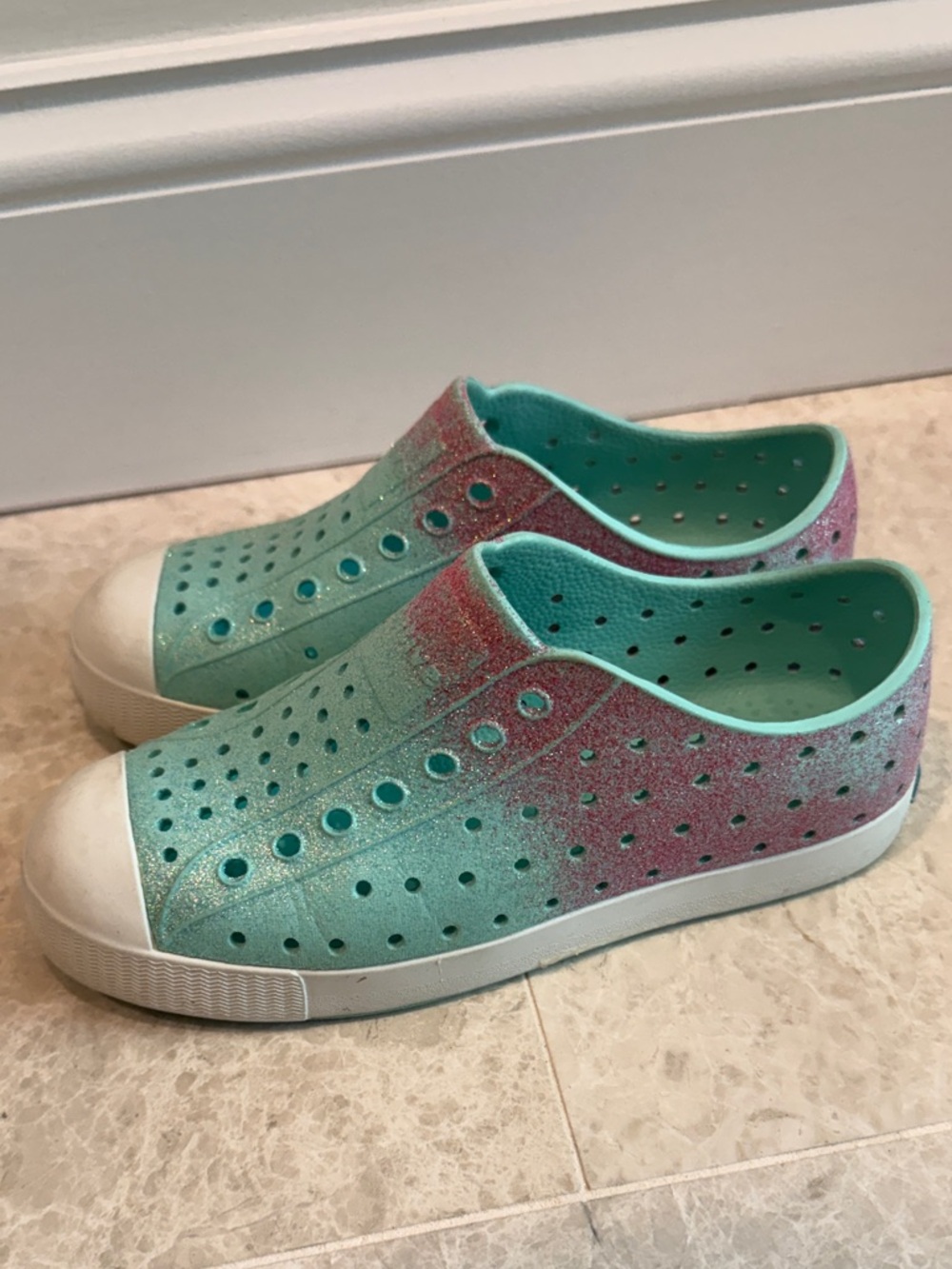 Native Shoes Kids Glitter Aqua and Pink Slip-Ons size 1
